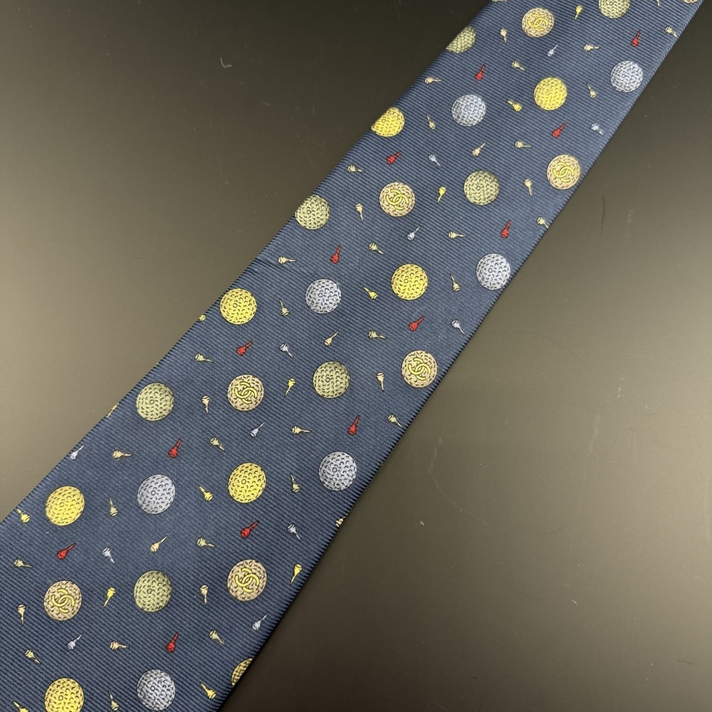 Chanel Silk Tie Blue Golf Ball Tee Pattern CC Logo France Authentic Luxury - Picture 4 of 12